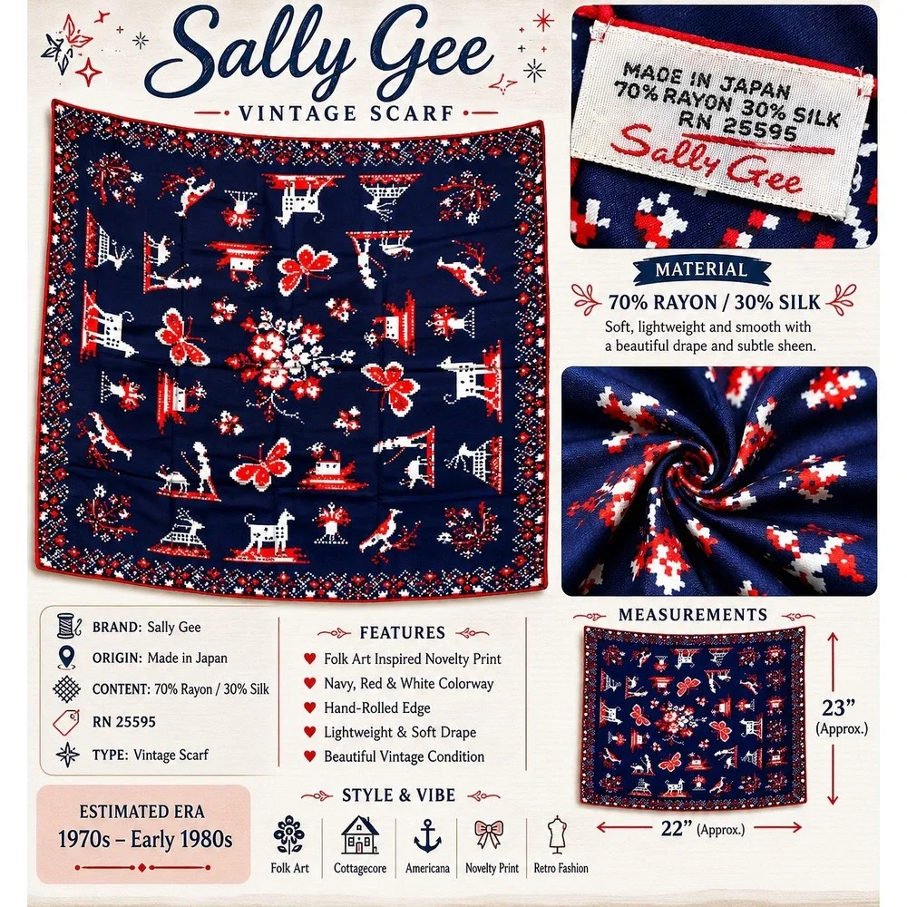 Vintage Sally Gee Silk Blend Scarf Navy Red White‎ Pixel Art Novelty Print Japan